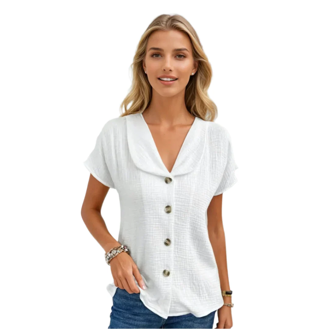 Dames Blouse Gedrapeerde Kraag en Knopen Zachte Ademend Stoffen Relaxed Fit