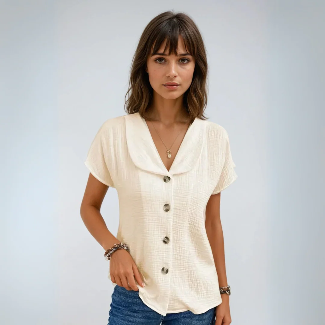 Dames Blouse Gedrapeerde Kraag en Knopen Zachte Ademend Stoffen Relaxed Fit - Afbeelding 3