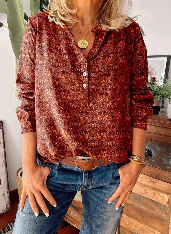 Dames Blouse Met Allover Print En Cutout Halslijn - Afbeelding 4