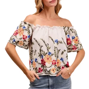 Dames Blouse met Bloemenborduursel en Off-Shoulder Stijl
