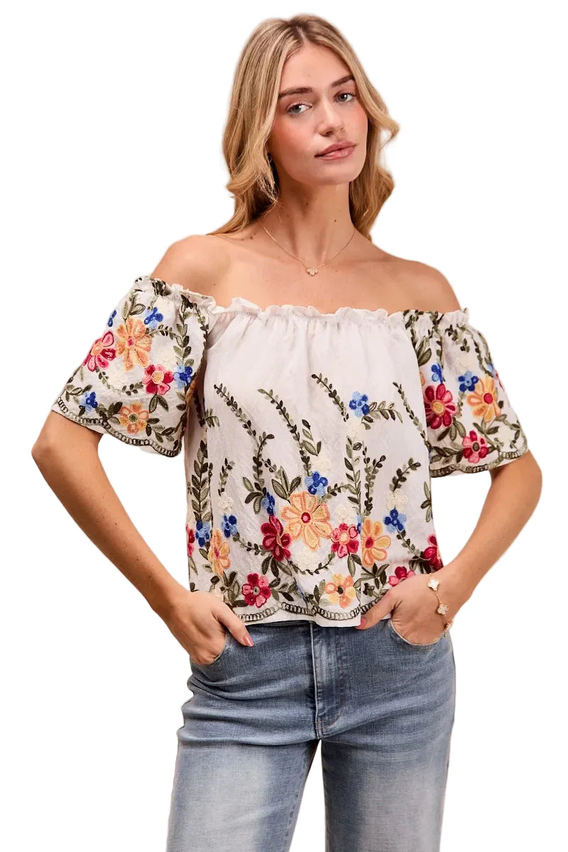 Dames Blouse met Bloemenborduursel en Off-Shoulder Stijl