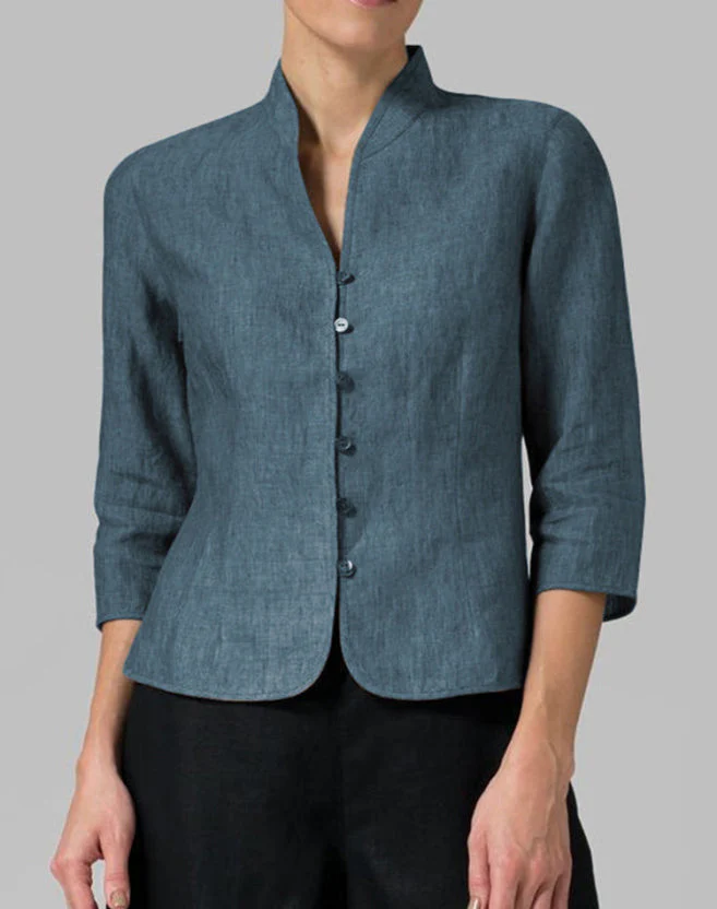 Dames Blouse met Stehkragen en Chambray Design - Afbeelding 4