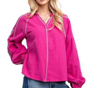 Dames Top Notch Halslijn Borduursel Boxy Katoen