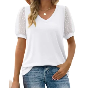 Dames Top V-Hals Met Puff Mouwen en Borduursel