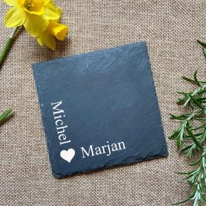 Leisteen Onderleggers (6st) Gegraveerd met Namen in Bamboe Box