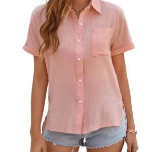 Korte Mouwen Overhemd met Zijsplit en Pocket voor Dames