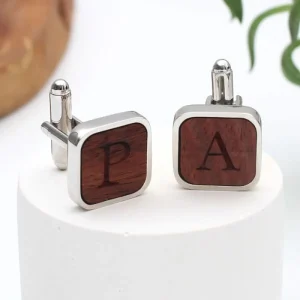 Rhodium Manchetknopen met Houten Inzet & Initialen