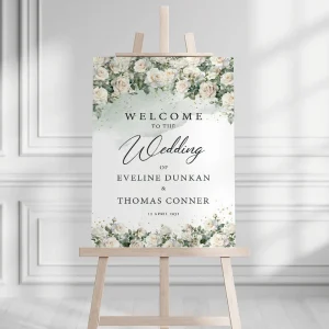 Bruiloft Welkomstbord – Witte Rozen & Eucalyptusgroen