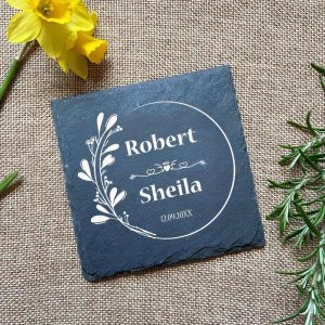 Gepersonaliseerde Leisteen Onderzetters (6st) in Bamboe Houder