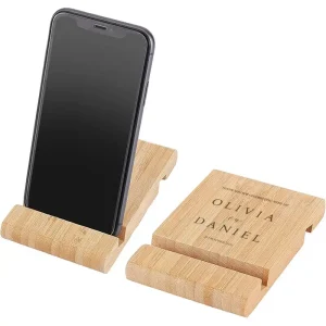 Houten Bruiloft Bedankje | Persoonlijk Gegraveerde Bamboe Telefoonhouder