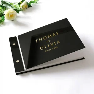 Gastenboek Acryl Zwart – Luxe Noir met Goud Spiegel Monogram