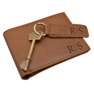 Genuine Leather Portemonnee & Sleutelhanger Set met eigen Tekst