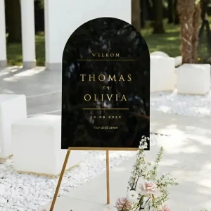 Welkomstbord Acryl Zwart Boog – Luxe Noir Goud Spiegel
